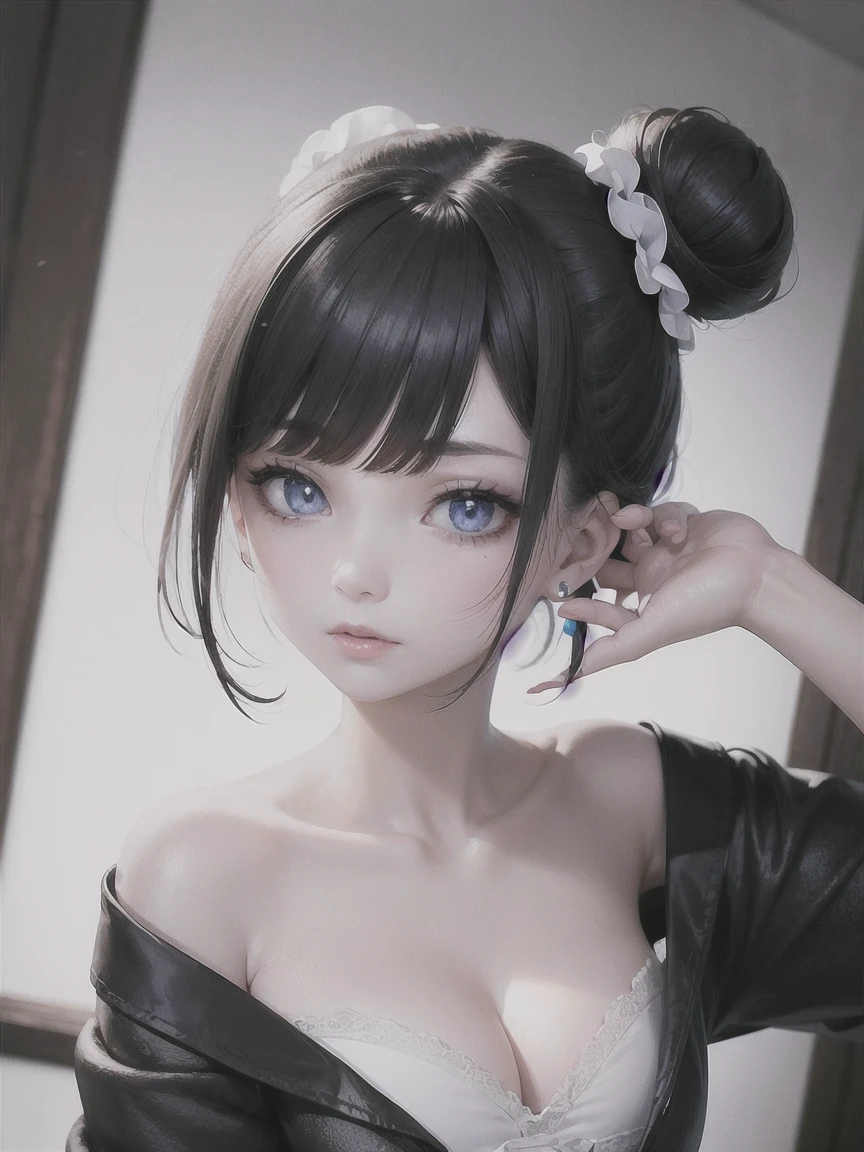 Bun black short hair、Let it shine, Beautiful pale blue odd eyes、Big double eyelid eyes、round face、eyeliner、Snow-white skin、shiny skin with shiny cheeks、