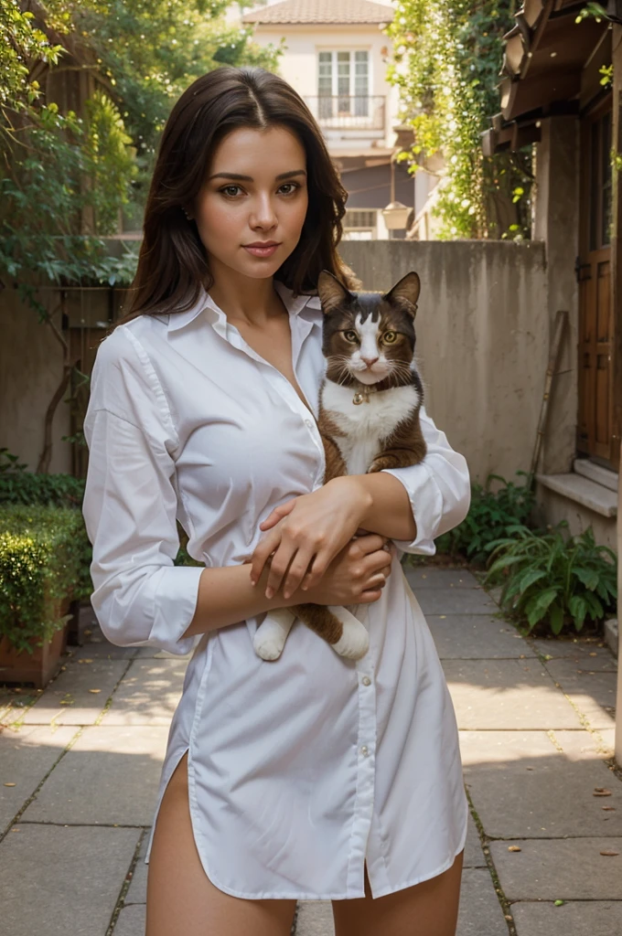 painting of a woman in a white shirt holding a cat, a fine art painting inspired by Michael Garmash, trending on reddit, figurative art, michael garmash and rob rey, michael garmash and, alexi zaitsev, garmash, dmitry spiros, bernie fuchs, simon birch, danile gerhartz, james gurney painting style