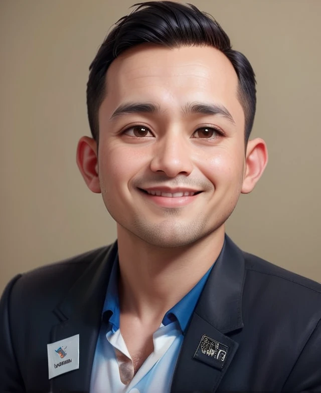Create a 3D animation of a big-headed cartoon caricature. a 30 year old Indonesian man with short, slightly wavy black hair brushed back, round head facing forward, oval face with a strong jawline, thick straight eyebrows, almond-shaped brown eyes, a straight nose with a slightly rounded tip, symmetrical lips, and a slight friendly smile, wearing a solid blue shirt. Gradient blue background with professional lighting. masterpiece, top quality, highly detailed skin and face, ultra-realistic, high definition, studio lighting, sharp focus, full body view, Concept Art, 3D rendering.