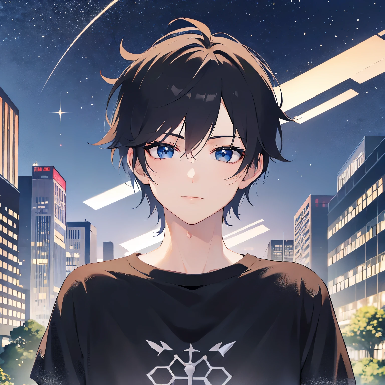 (25-year-old male:1.5) and (Black short hair) and (blue eyes) (black:1.5) and (T-Shirts:1.5),(looking at viewer:1.5),upper body、shiny skin, masterpiece、Highest quality、,serious、(Night Park:1.5)、(Night Sky:1.5)、(grass:1.3),(alone:1.5)