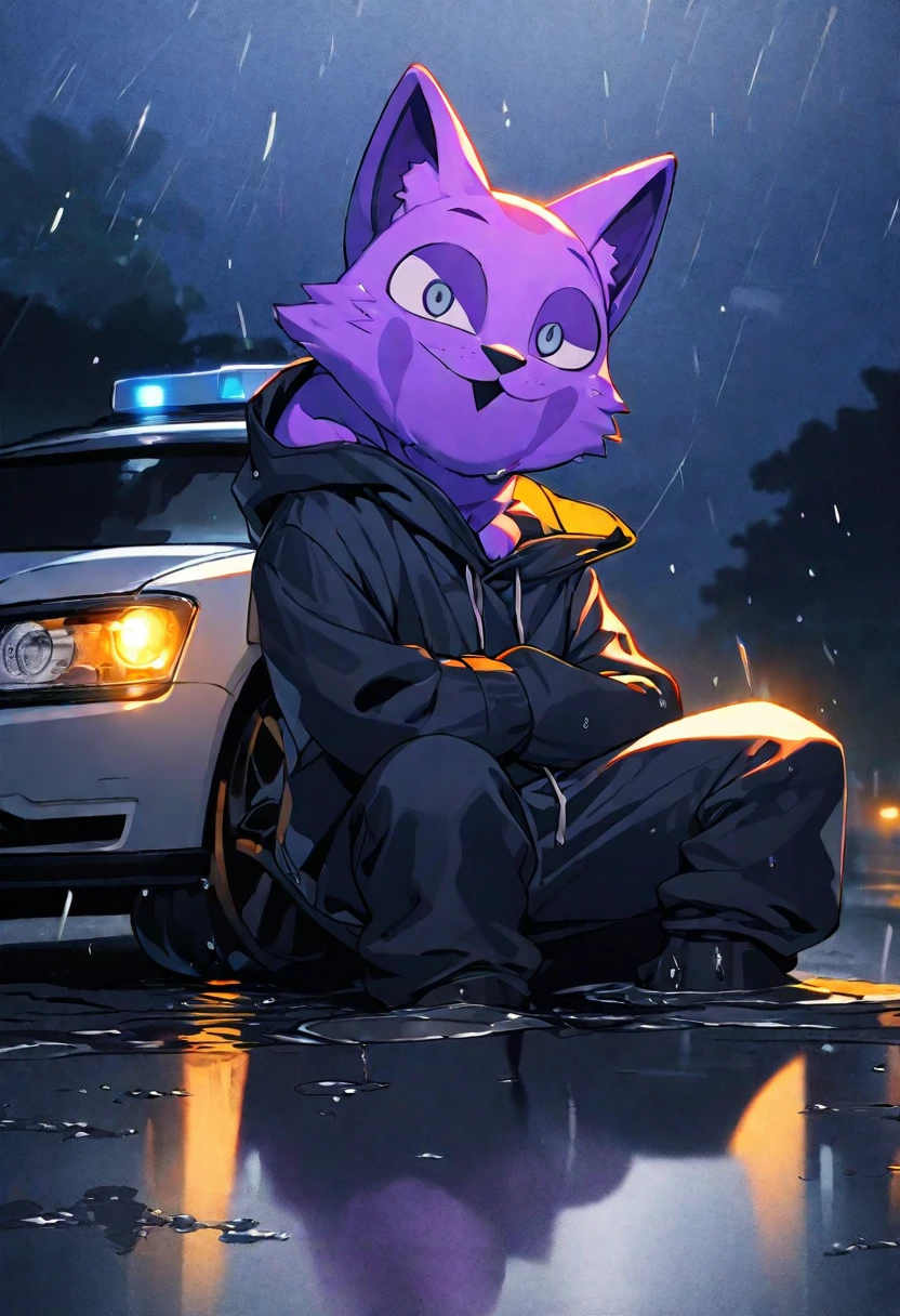 1person, purple cat with black eyes, black mouth, sitting on the road, leaning on the car, solo, full body, long legs, night,horrors, (SFW) safe to work, sfw version, large veins, in a black hoodie, smiling, black mouth and eyes, sitting on wet asphalt, leaning on a white police car, the side of the machine, heavy rain, puddles,reflection of flashing lights, reflections,The cover of the weeken,night