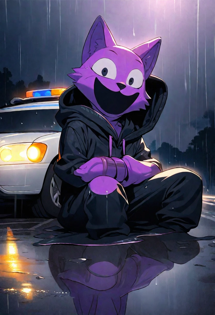 1 person, Purple cat，with black eyes, Black mouth, Sitting on the roadside, Leaning against the car, Solitary, whole body, Long legs, night,fear, (SFW) Work, SFW version, Big veins, Wearing a black hoodie, Smile, Black mouth and eyes, Sitting on wet asphalt,(Black pants), Leaning against a white police car, Machine side, Heavy rain, Puddle,Flash reflection, Reflection,Weekend Cover,night
