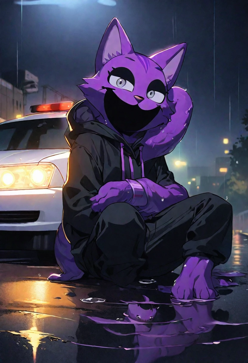 1 person, Purple cat，with black eyes, Black mouth, Sitting on the roadside, Leaning against the car, Solitary, whole body, Long legs, night,fear, (SFW) Work, SFW version, Big veins, Wearing a black hoodie, Smile, Black mouth and eyes, Sitting on wet asphalt,(Black pants), Leaning against a white police car, Machine side, Heavy rain, Puddle,Flash reflection, Reflection,Weekend Cover,night