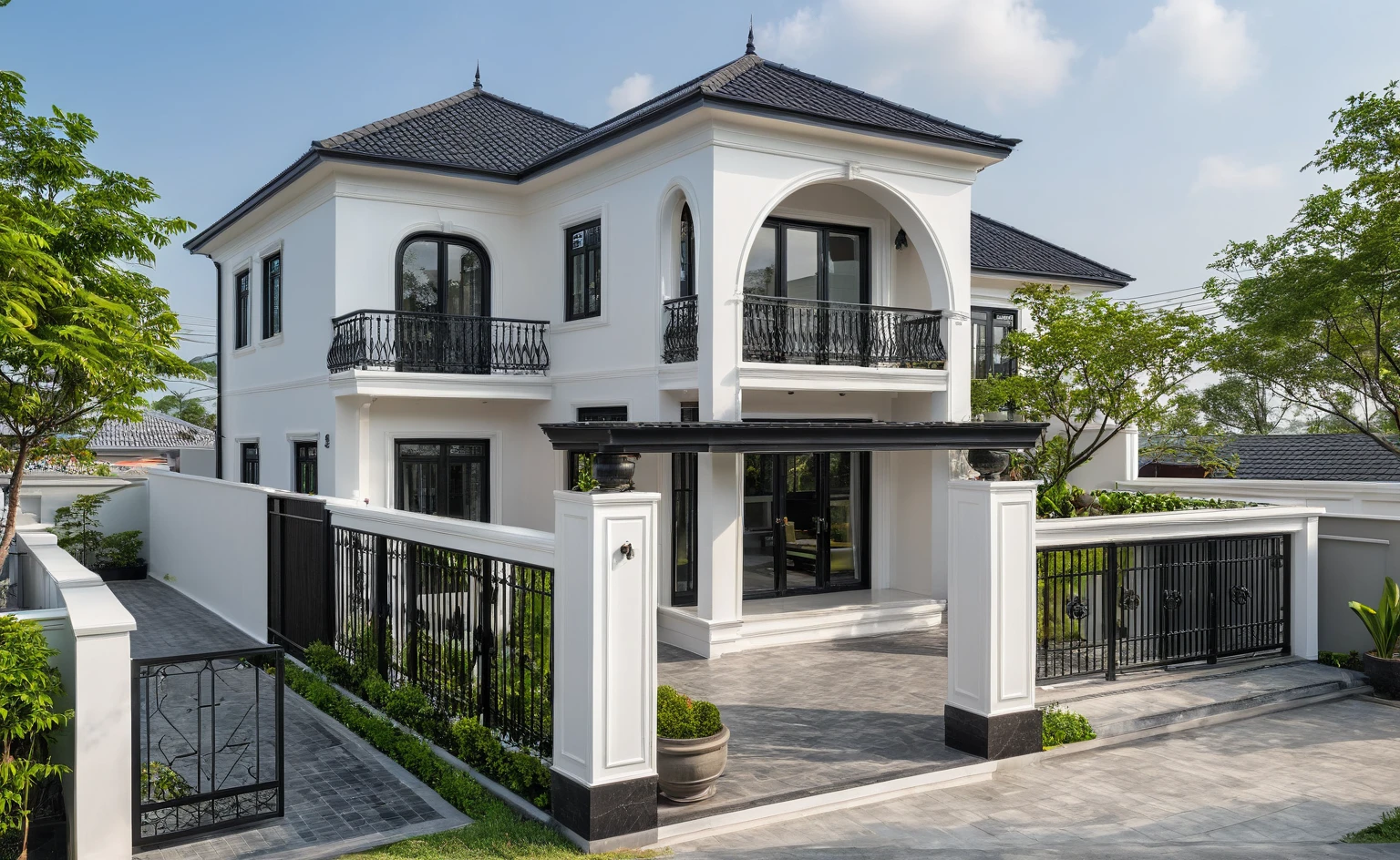 (masterpiece:1.2), best quality, photo of A two-story modern house in VietNam with white walls and dark tiles on the roof., tree and plant environment,black detail and wooden ceiling, daylight, streetcapes, natural light, vivid color, The exterior of an elegant single family home features large windows, a dark gray door frame.