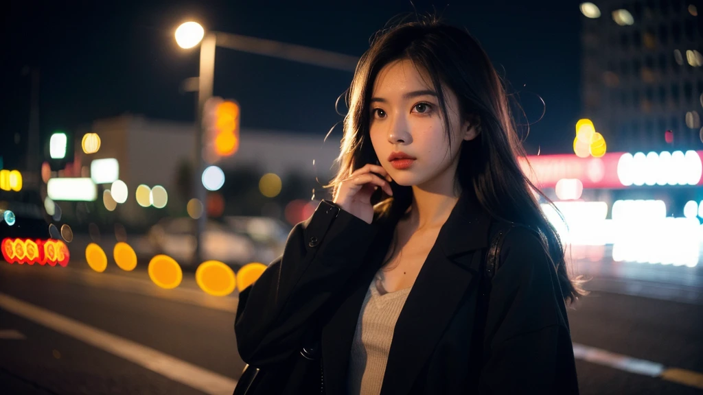 (Cinematic Aesthetic:1.4) Photo of a beautiful girl fashion model bokeh city night