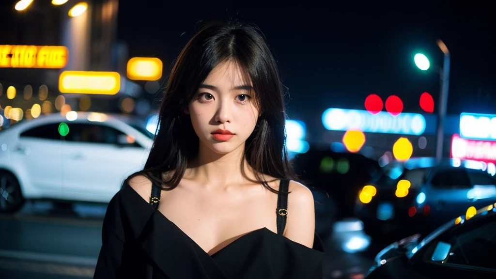 1 Girl, Beautiful, Baby Face, 20 Years Old, White Skin, Colossal Breasts, Sexy Pose, ((Black Bodycon Dress)), ((Off Shoulder Outfit)), Blue Eye, ((Muscles:1.1)), ((Bokeh:1.3)), Street Crowd Background, Masterpiece, ((Night:1.3)), ((Dark:1.3)), ((Black))