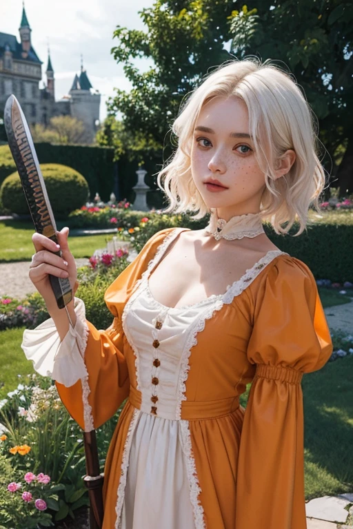 a young girl of 18 years, with , He has short, curly white hair.. she is very pretty, with Slavic skin and freckles, and she is wearing a long orange dress from the Victorian era. It is located on a hill, holding a medieval sword.