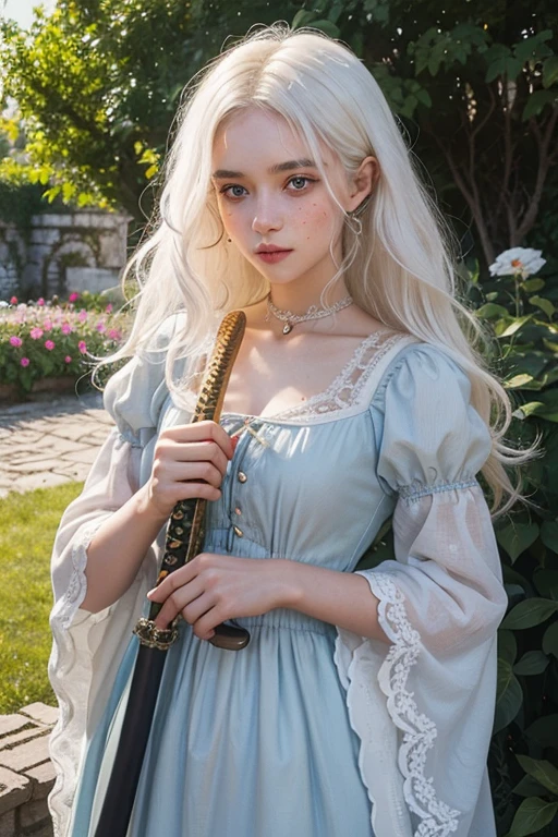 a young girl of 18 years, with , He has short, curly white hair.. she is very pretty, with Slavic skin and freckles, and she is wearing a long orange dress from the Victorian era. It is located in the garden of a castle, holding a katana with both hands