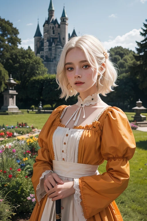 a young girl of 18 years, with , He has short, curly white hair.. she is very pretty, with Slavic skin and freckles, and she is wearing a long orange dress from the Victorian era. It is located on a hill, holding a medieval sword.