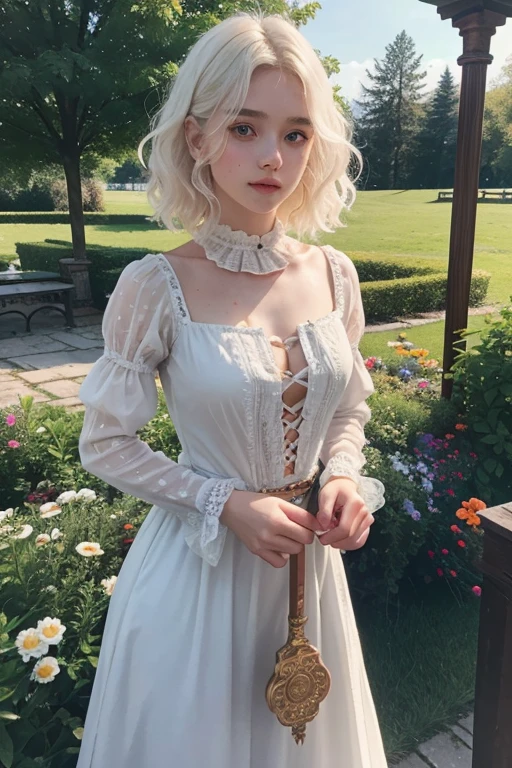 a young girl of 18 years, with , He has short, curly white hair.. she is very pretty, with Slavic skin and freckles, and she is wearing a long orange dress from the Victorian era. It is located on a hill, holding a medieval sword.