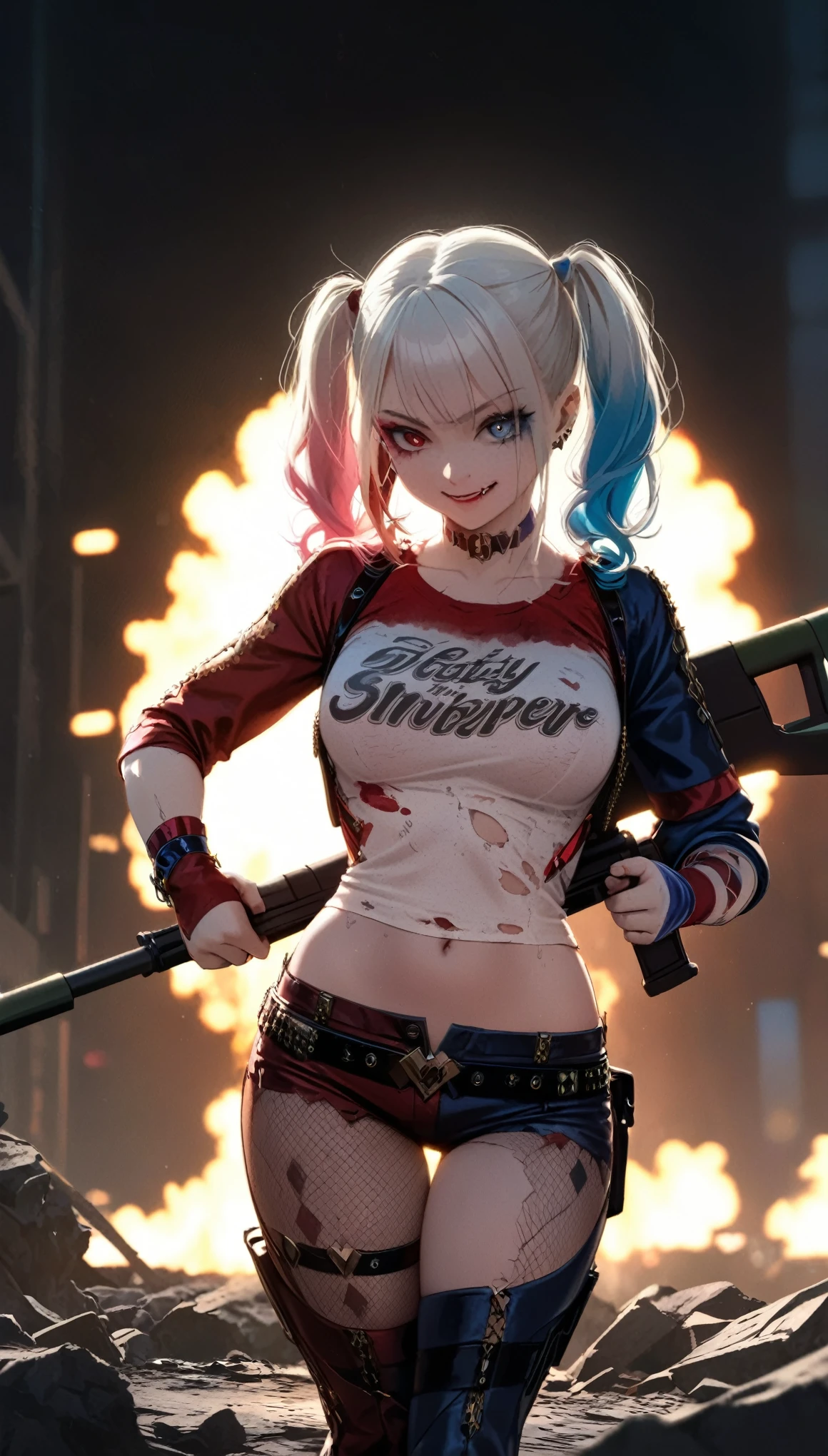 HarleyQuinn1024,quality\(8k,wallpaper of extremely detailed CG unit, ​masterpiece,hight resolution,top-quality,top-quality real texture skin,hyper realisitic,increase the resolution,RAW photos,best qualtiy,highly detailed,the wallpaper,cinematic lighting,ray trace,golden ratio\), BREAK ,1girl\(HarleyQuinn\(Suicide Squad\),(holding 2sniperrifle by both hands:1.6),big smile,happy,evil smile, full body, detailed eyes, two_tone hair,wearing makeup,twin tails,breast,ripped clothes,open stomach,muscle,cute,crazy,mad,\), BREAK ,background\(big explosion on back,simple,collapsed city, debris\),dynamic angle,high contrast