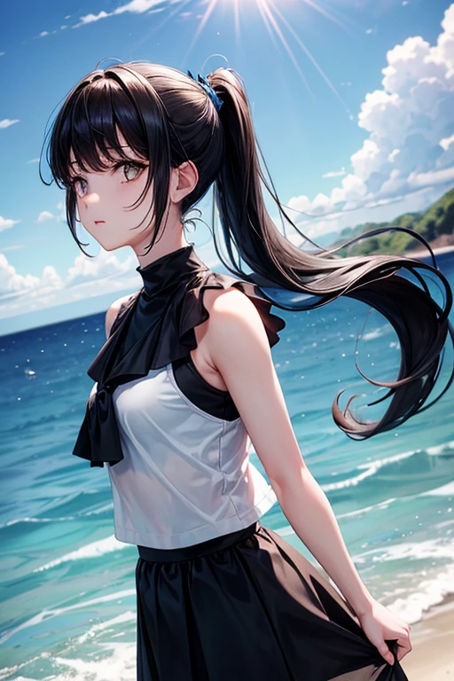 One girl, Pale yellow sleeveless,Black Skirt, ponytail ,Black Hair, Dark Eyes, Blue sky, blue sea,  Depth of written boundary, Summer daytime, Particles of light, light, Side light,, 