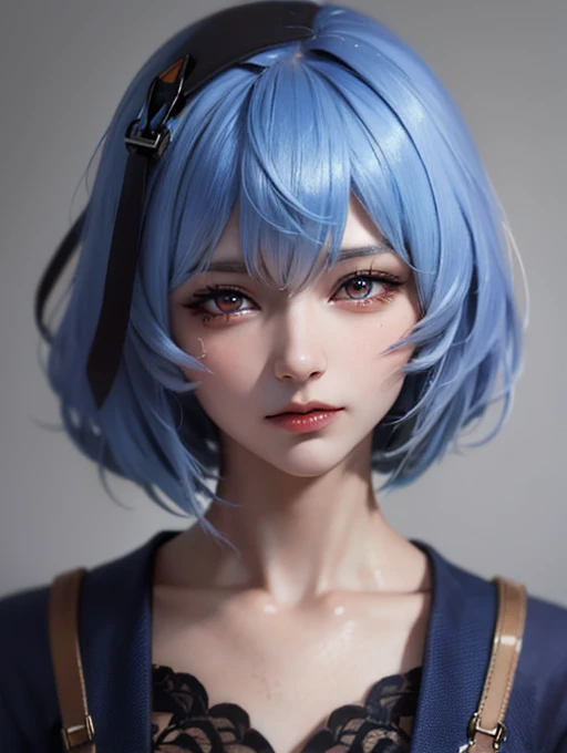 Masterpiece, Best Quality, 8K, Detailed Skin Texture, Detailed Cloth Texture, Beautiful Detail Face, Intricate Detail, Ultra Detailed, Portrait of Rei Ayanami, Blue Hair, Red Eyes, Head Tilt, No Background