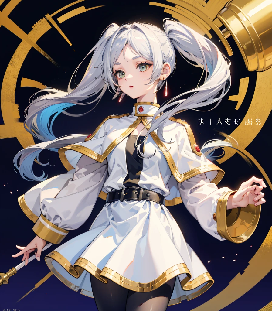 ((Highest quality)), ((masterpiece)), (detailed), Long Hair, Gray Hair, Twin tails, Pointed Ears, Earrings, Thick eyebrows, White capelet, Striped shirt, Long sleeve, belt, White Skirt, Black Pantyhose High resolution Holding a walking stick magic circle Shining Background,freeze,Upper Body