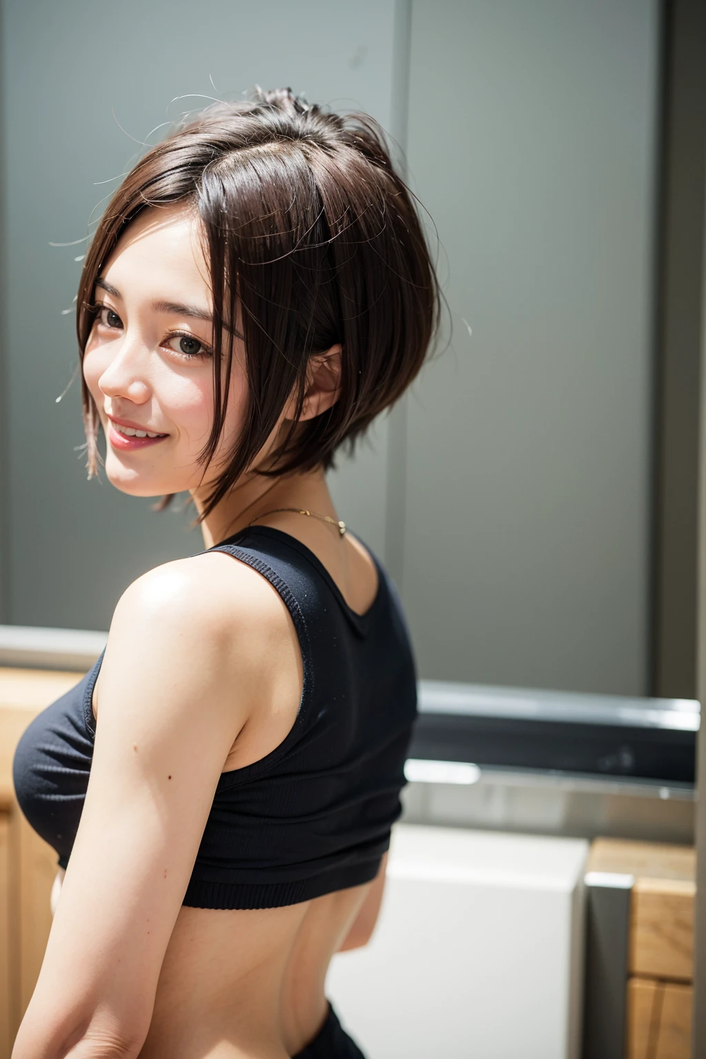 Top quality, 1 beautiful woman, super short Hair, wearing tanktop, shy-smile, back pose