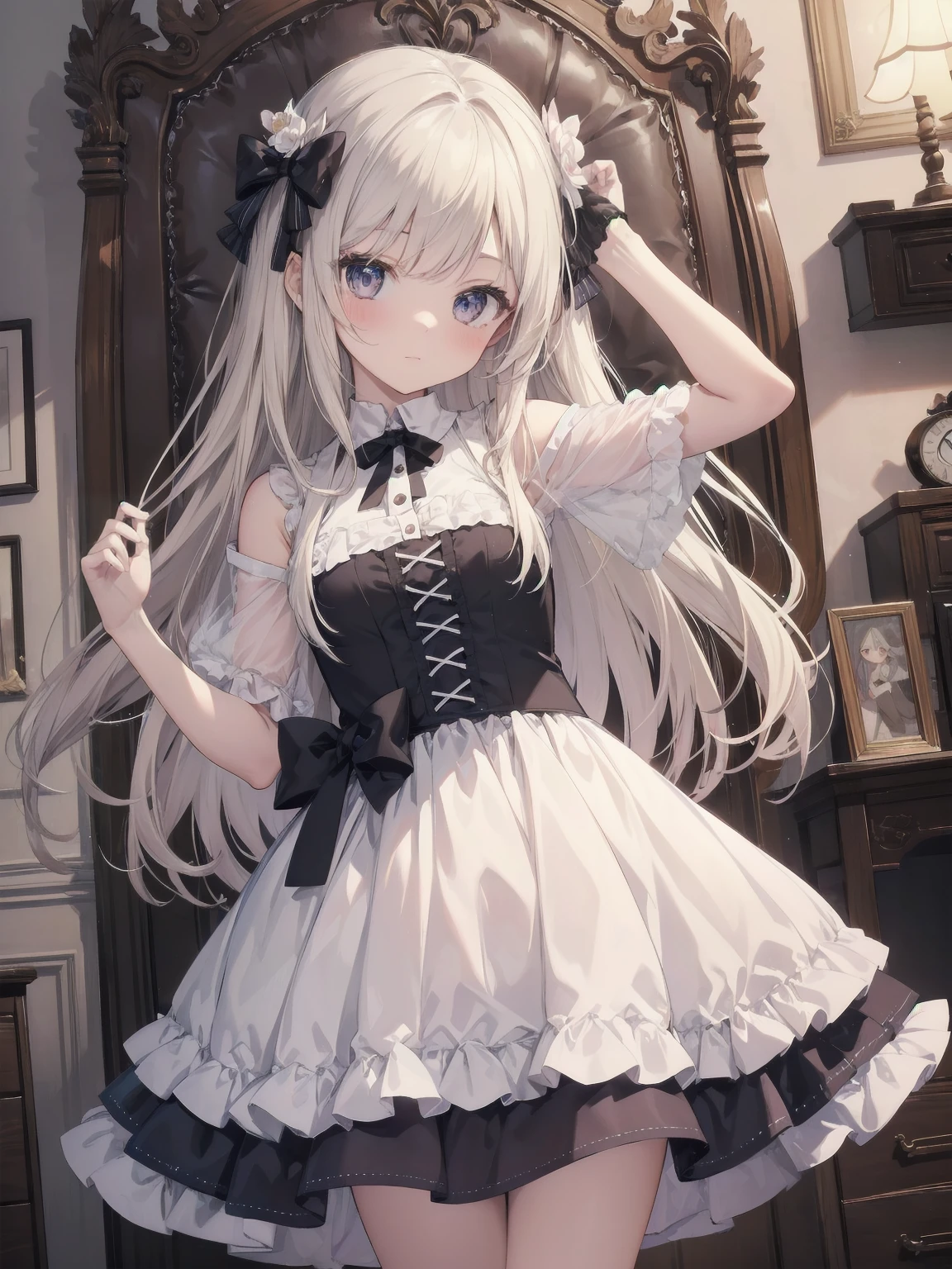 masterpiece, illustration, ultra detailed, kawaii, one girl, solo, sister in super cute pose, bedroom, cowboy shot, SFW, dynamic angle