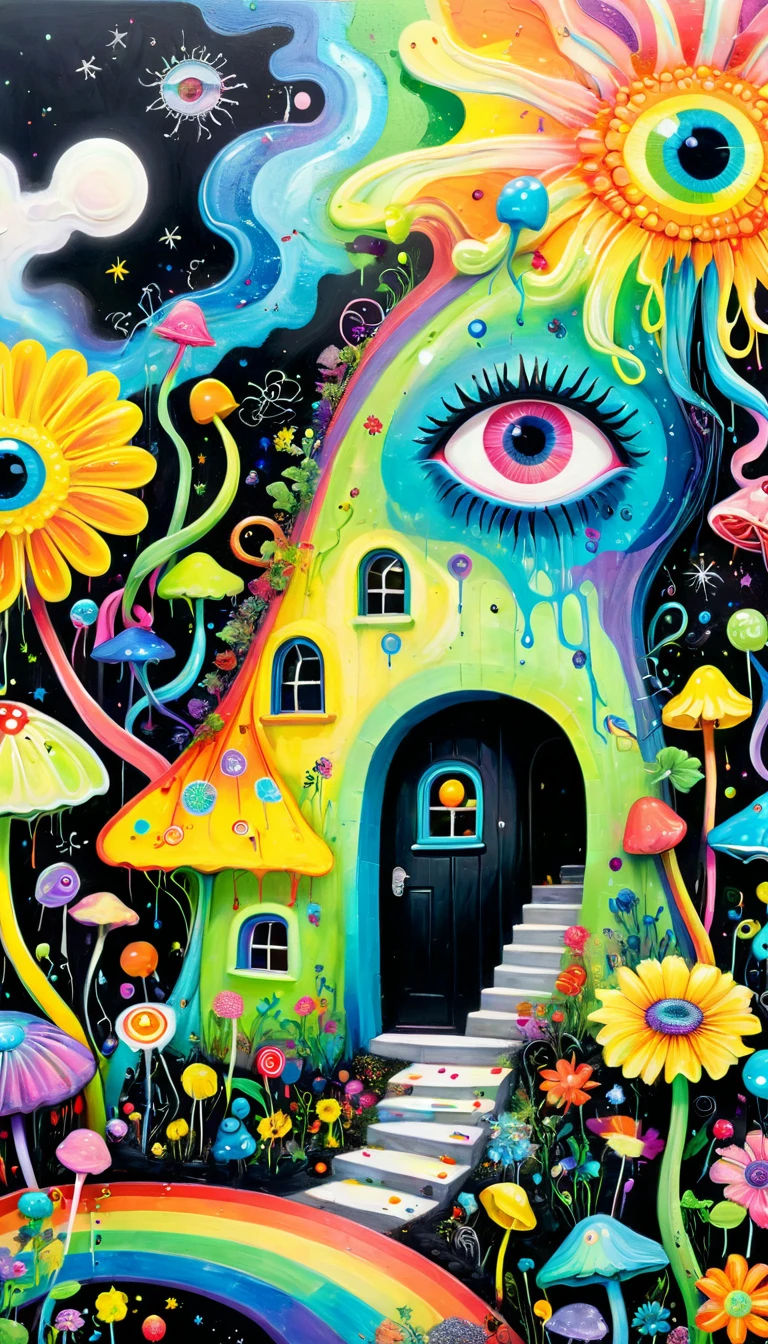 Children's graffiti,Thick coating，Concave and convex texture，Oil pastel strokes：Colorful black，Dopamine color matching，Rainbow lollipops、house、flowesh、Tentacles、bird、(((Eye)))、diatom，Abstract mosaic painting，Describing the inner world of autistic people，Sense of space，White Space，interesting，Innocence，Psychedelic Art，
