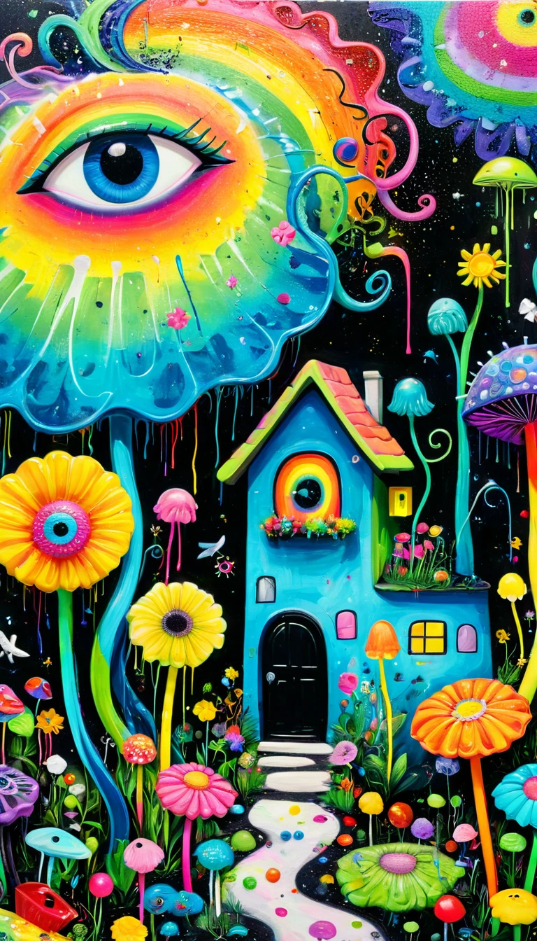 Children's graffiti,Thick coating,Concave and convex texture,Oil pastel strokes:Colorful black,Dopamine color matching,Rainbow lollipops、house、flowesh、Tentacles、bird、(((Eye)))、diatom,Abstract mosaic painting,Describing the inner world of autistic people,Sense of space,White Space,interesting,Innocence,Psychedelic Art,