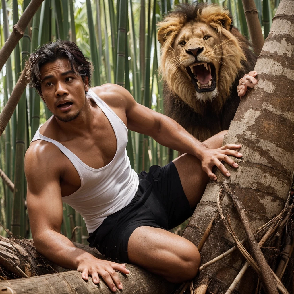 A handsome 30-year-old Indonesian man with layered hair, wearing a white singlet and black shorts, is climbing a coconut tree with a fearful expression. Beneath the coconut tree, there’s a large angry lion staring at the man. The background is a bamboo forest