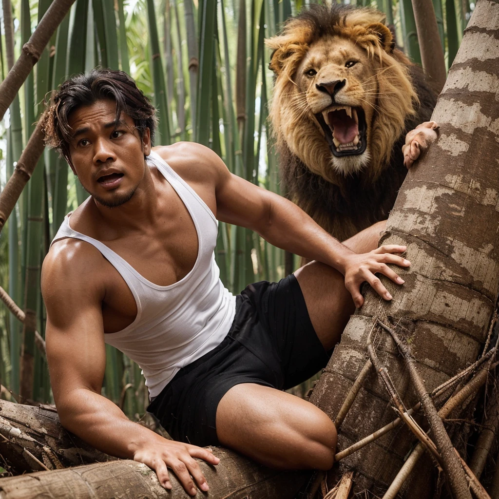 A handsome 30-year-old Indonesian man with layered hair, wearing a white singlet and black shorts, is climbing a coconut tree with a fearful expression. Beneath the coconut tree, there’s a large angry lion staring at the man. The background is a bamboo forest