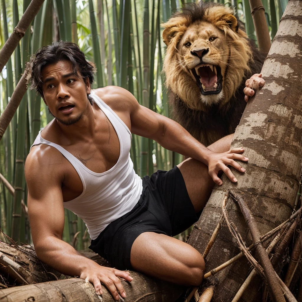 A handsome 30-year-old Indonesian man with layered hair, wearing a white tank top and black shorts, is riding a Nile crocodile with its mouth open, revealing sharp teeth. The background is a grassy mountain field