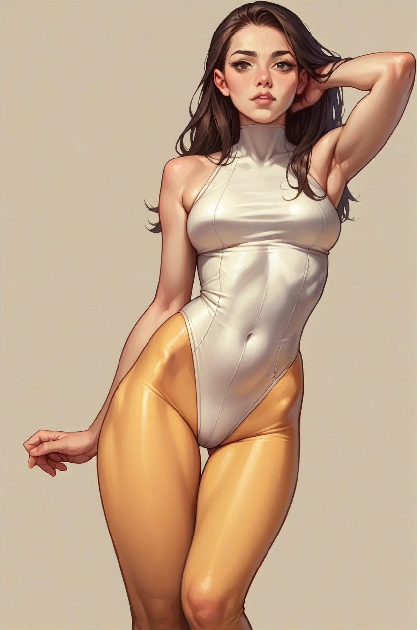 White wetlook leotard, tights, realistic, pose from back and side