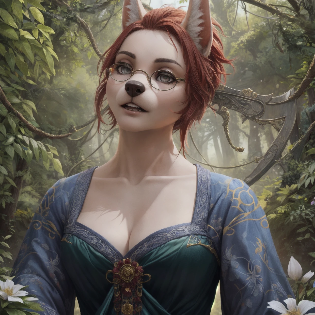 breathtaking (best quality, masterpiece, detailed, 8k)
RAW, realistic cinematic photo, female anthro furry jackal, bard, detailed fur, red fur, narrow muzzle, sultry grey eyes, slit pupil, red hair, Textured long bob, black nails, wearing ornate robes, opulent magical equipment, green hooded cloak, small round glasses, lute lying on the lap, music,, dynamic action pose, close up, A gate composed of interwoven vines and flowers, representing the connection between nature and magic, casting spells, defending against attackers, posed in misty forest battle, Mesmerizing (Radiant Aura:1.2), shot from dynamic angle, (masterpiece, award-winning, professional, HDR)