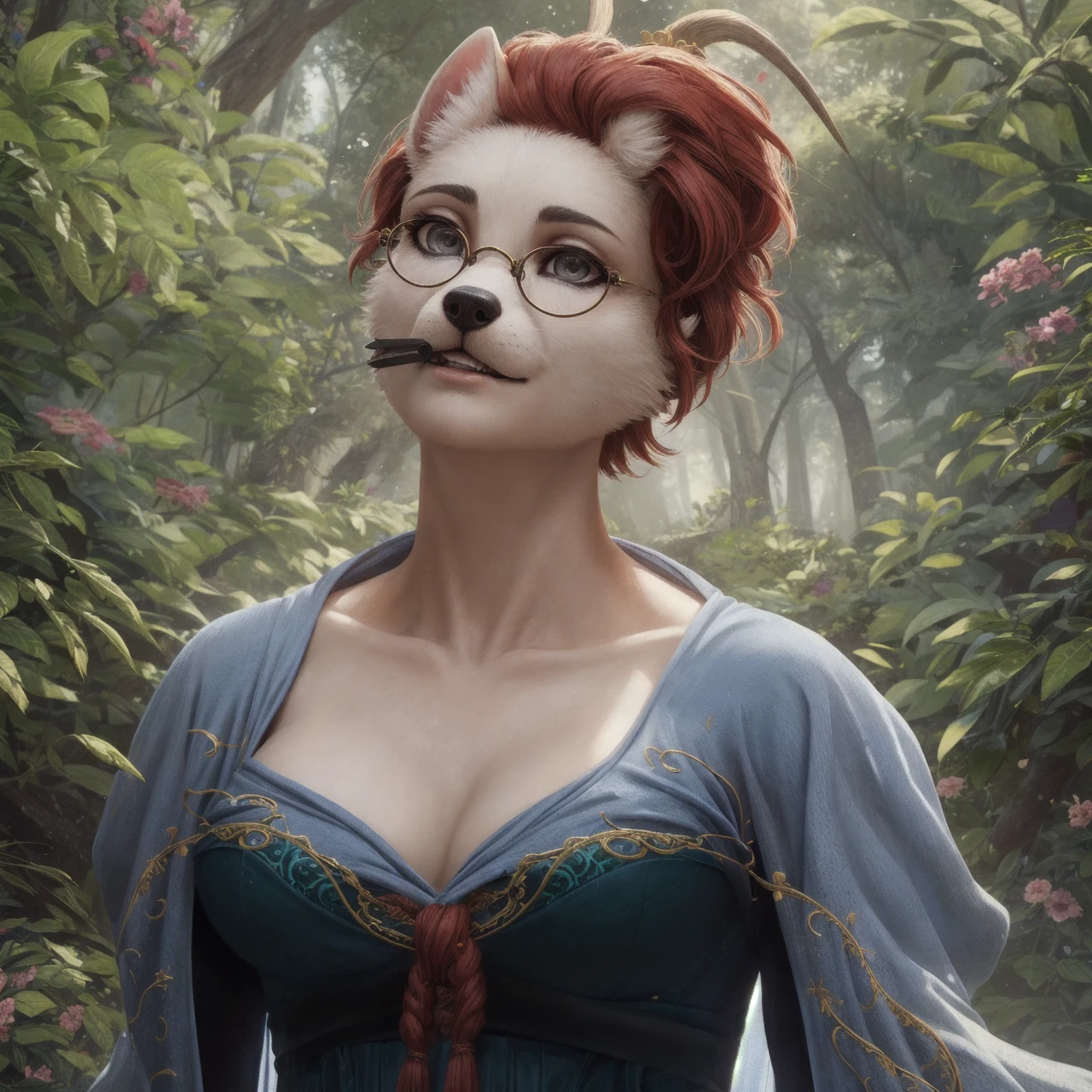 breathtaking (best quality, masterpiece, detailed, 8k)
RAW, realistic cinematic photo, female anthro furry jackal, bard, detailed fur, red fur, narrow muzzle, sultry grey eyes, slit pupil, red hair, Textured long bob, black nails, wearing ornate robes, opulent magical equipment, green hooded cloak, small round glasses, lute lying on the lap, music,, dynamic action pose, close up, A gate composed of interwoven vines and flowers, representing the connection between nature and magic, casting spells, defending against attackers, posed in misty forest battle, Mesmerizing (Radiant Aura:1.2), shot from dynamic angle, (masterpiece, award-winning, professional, HDR)