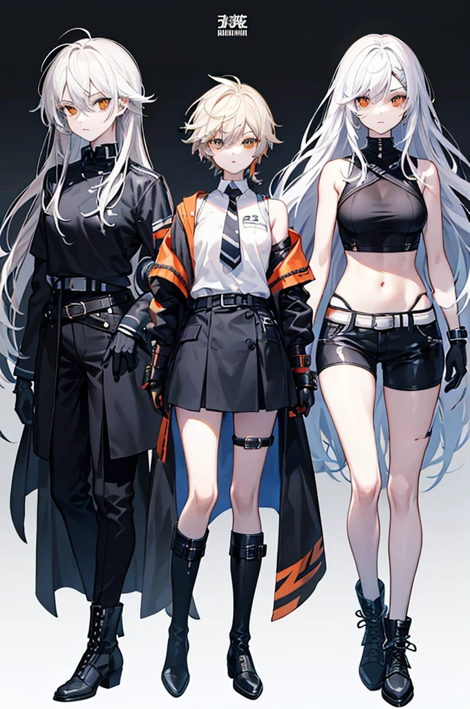 Hair**: The character has long, light gray hair, styled in a messy manner with sharp, pointed strands. There are shorter locks in the front that frame the face.
- **Eyes**: Its eyes are large and orange in color, giving an expressive look.
- **Clothes** :
- **Top**: The character wears a cut black top, revealing part of the stomach.
- **Bottoms**: She wears dark blue shorts with a black belt.
- **Accessories**: She has black gloves and white bands around her forearms. There are also orange details on his shoulders.
- **Shoes**: She wears black boots that go up to below the knees with white stripes on the top of the boots.
The clothing style and colors used give the character a modern and dynamic appearance.
Commentaires