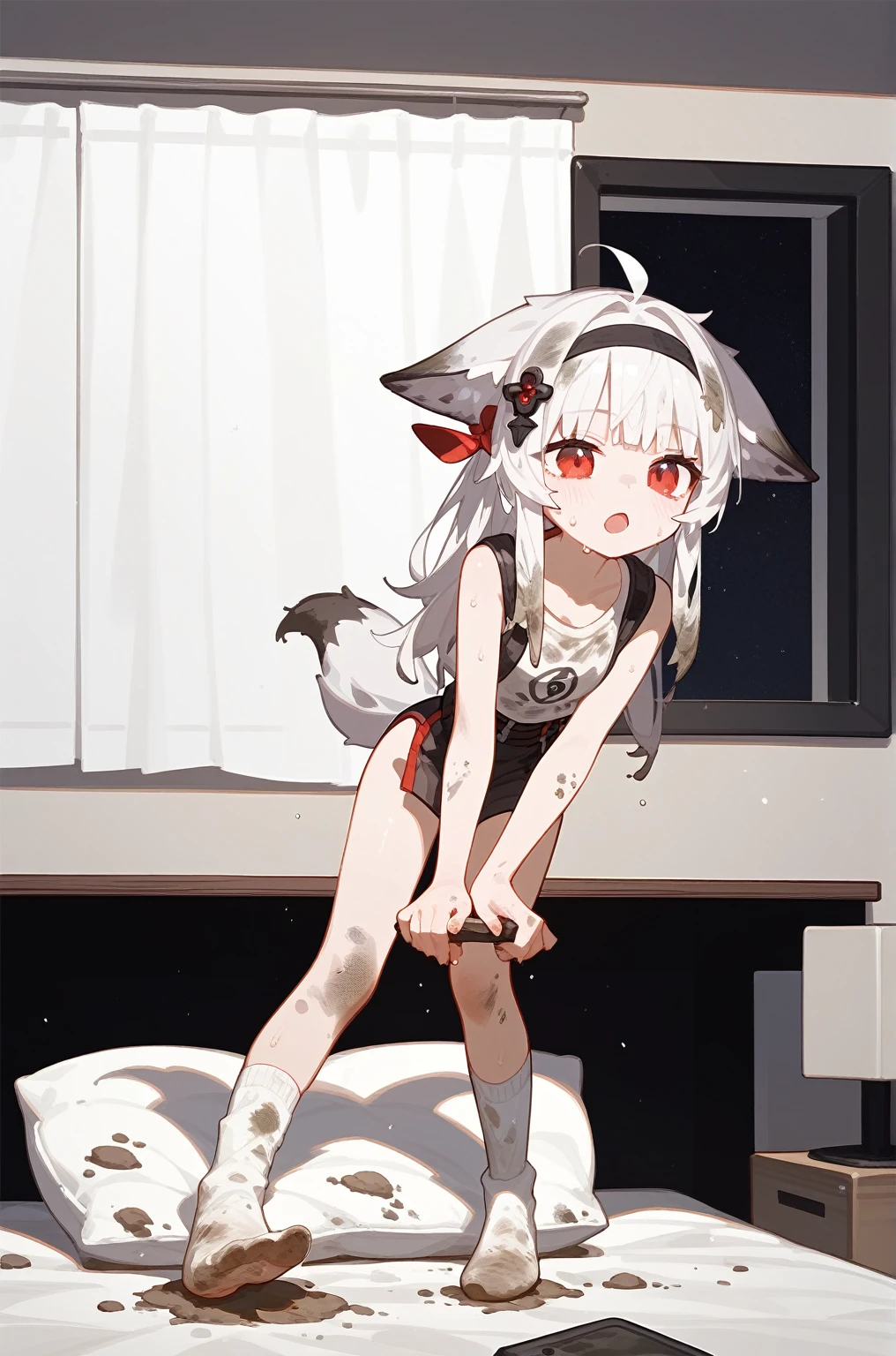 1 girl,dirty,foot,foot底,Red Eyes,breast,solitary,Long hair,White hair,,foot趾,foot部焦点,Looking at the audience,sit,Sweat,open mouth,dirty foot,Keep,indoor,Pillow,Bangs,White knee socks,Fox ears,There'foot的泥土,,Uniforms,Japanese style,dirtyPillow,dirty床,女孩周围堆满Pillow,女孩踩踏着Pillow,大量Pillow,Pillow上肮脏,,(Deluxe Rococo Canopy King Bed),On a big and spacious bed,(),,,,Luxurious curtains with ornate ruffles and ribbons surround the bed,((((There are many pillows piled on the bed)))),Detail of Quilt,Detailed bed sheets,女孩踩在Pillow上,(详细的Pillow),Holding a knife,小刀劈开的Pillow,小刀插入Pillow,损坏的Pillow