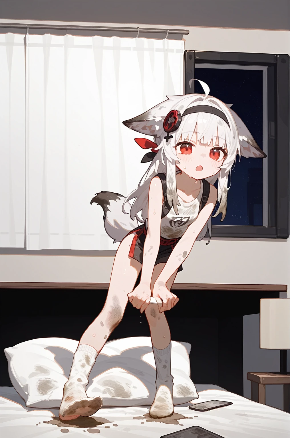 1 girl,dirty,foot,foot底,Red Eyes,breast,solitary,Long hair,White hair,,foot趾,foot部焦点,Looking at the audience,sit,Sweat,open mouth,dirty foot,Keep,indoor,Pillow,Bangs,White knee socks,Fox ears,There'foot的泥土,,Uniforms,Japanese style,dirtyPillow,dirty床,女孩周围堆满Pillow,女孩踩踏着Pillow,大量Pillow,Pillow上肮脏,,(Deluxe Rococo Canopy King Bed),On a big and spacious bed,(),,,,Luxurious curtains with ornate ruffles and ribbons surround the bed,((((There are many pillows piled on the bed)))),Detail of Quilt,Detailed bed sheets,女孩踩在Pillow上,(详细的Pillow),Holding a knife,小刀劈开的Pillow,小刀插入Pillow,损坏的Pillow