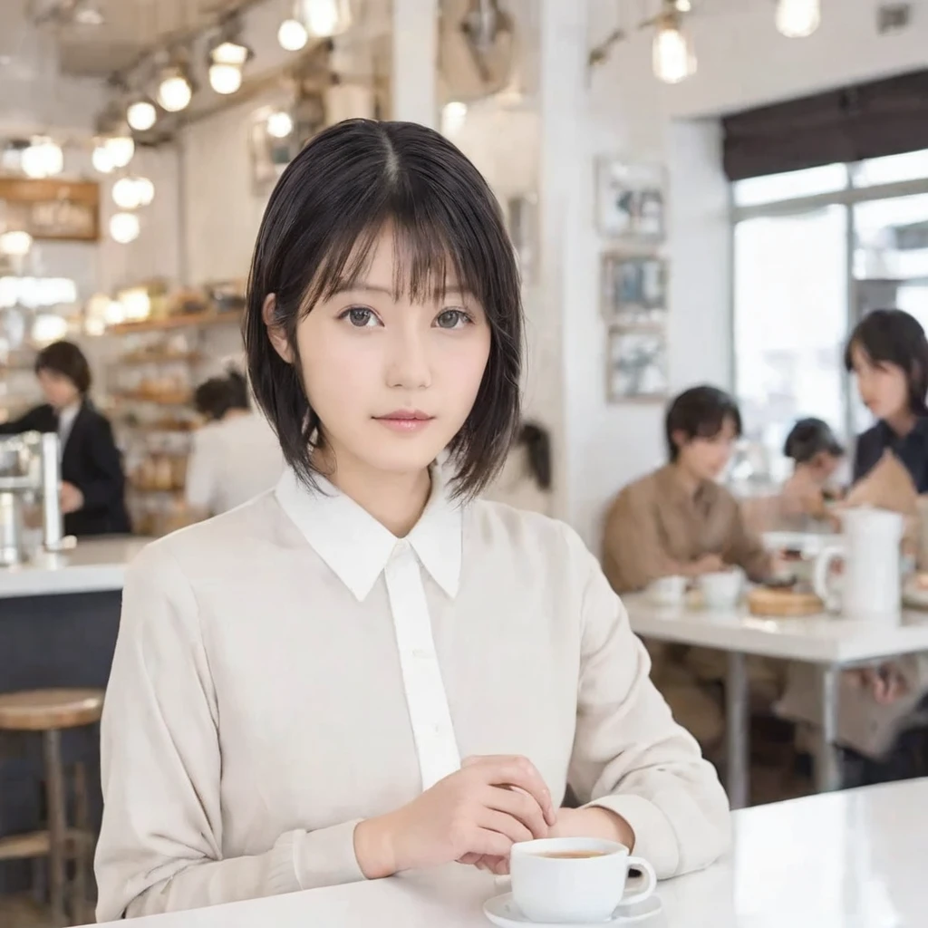 whiteroom, 1 person, Japanese woman, look at the camera, H~I cup, model's expression, silver ratio, cute, middle black hair, concept cafe clerk, erotic, eye color brown,(8K, 4K, Best Quality, High Definition, Ultra High Definition: 1.1), (Masterpiece, Realistic, Photorealistic: 1.1), 1girl, Japanese woman, model's expression,