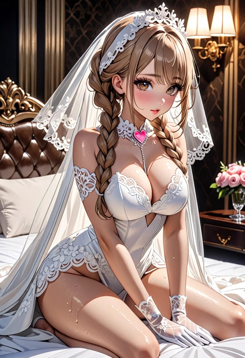 ((1 female)), (fucked), (long hair with ponytail), Blue eyes,(fox ears:1.1), ((white wedding dress:1.2)), (big breasts:1.3), busty, blush, (cum:1.5), (fullbody), looking at viewer, overflowing, (fullbody), hot pose,( orgasm:1.1), ((an all fours))