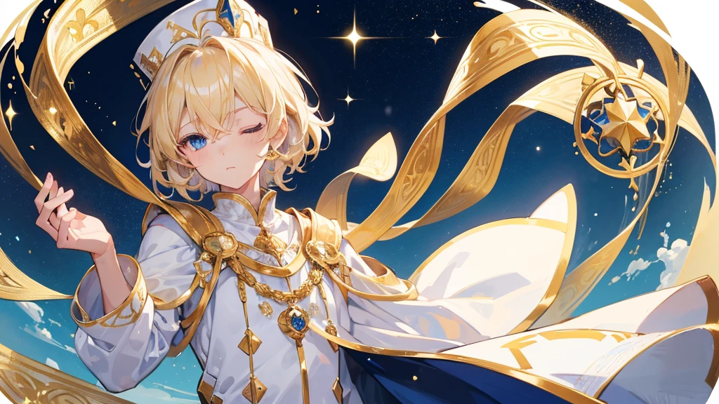 (Highest quality) (4K) (8k) (High resolution) (masterpiece:1.2) (Super detailed) One boy short hair Wizard Blue Eyes Long sleeve Golden decoration Hair between the eyes Closed Mouth White Dress Wavy golden hair Upper Body White hat (White Background) (Cast a spell) cute Young