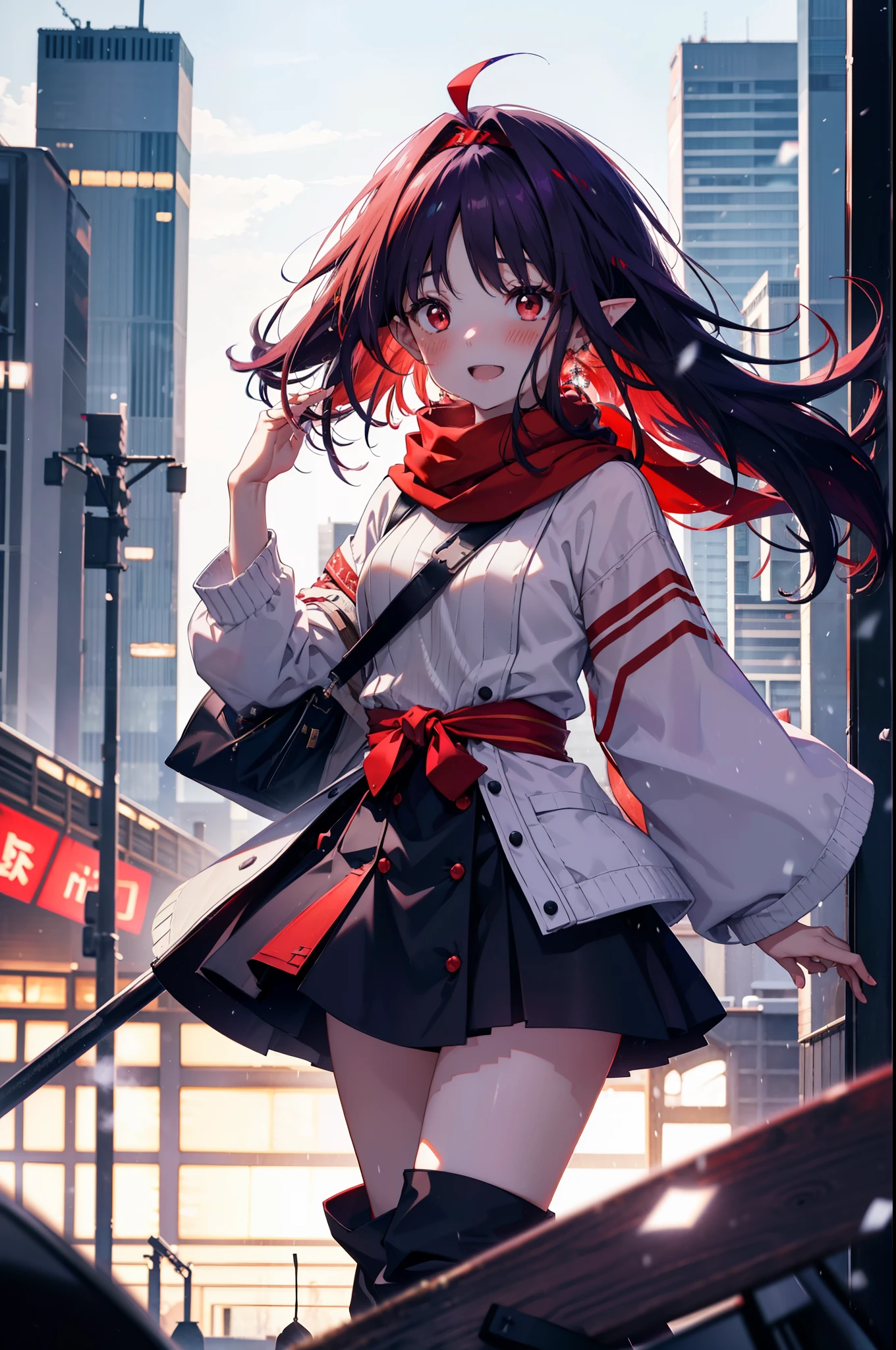 yuukikonno, Yuki Konno, hair band, Long Hair, Pointed Ears, Purple Hair,Ahoge, (Red eyes:1.5), (Small breasts:1.2),blush, smile,Open your mouth,white breath,Tokkuri Sweater,Red Scarf,Purple poncho,Long skirt,Black Pantyhose,short boots,Snow is piling up,it's snowing,whole bodyがイラスト入るように,Walking,evening,sunset,
break outdoors, construction area,
break looking at viewer, whole body,
break (masterpiece:1.2), Highest quality, High resolution, unity 8k wallpaper, (shape:0.8), (Beautiful attention to detail:1.6), Highly detailed face, Perfect lighting, Extremely detailed CG, (Perfect hands, Perfect Anatomy),