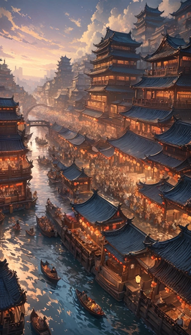 (masterpiece, best quality:1.2),Along the River During the Qingming Festival,Horizontal layout, high resolution, best quality, Very detailed, Dynamic Angle, floating, Bustling city landscape, Intricate details, architecture, flowing river, Vibrant colors, Volumetric Lighting, Crowded boats and bridges, Deep cultural heritage.