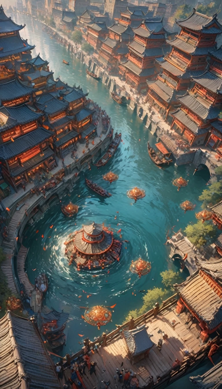 (masterpiece, best quality:1.2),Along the River During the Qingming Festival,Horizontal layout, high resolution, best quality, Very detailed, Dynamic Angle, floating, Bustling city landscape, Intricate details, architecture, flowing river, Vibrant colors, Volumetric Lighting, Crowded boats and bridges, Deep cultural heritage.