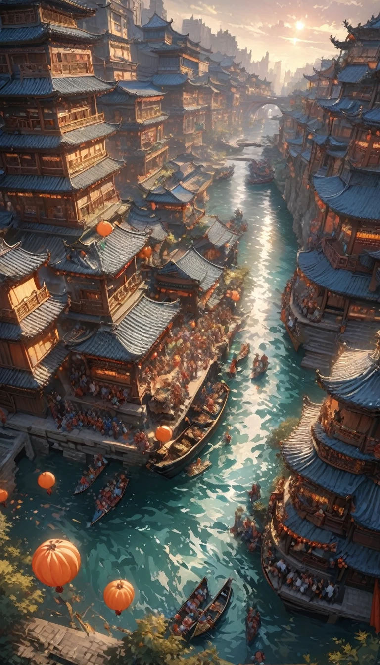 (masterpiece, best quality:1.2),Along the River During the Qingming Festival,Horizontal layout, high resolution, best quality, Very detailed, Dynamic Angle, floating, Bustling city landscape, Intricate details, architecture, flowing river, Vibrant colors, Volumetric Lighting, Crowded boats and bridges, Deep cultural heritage.