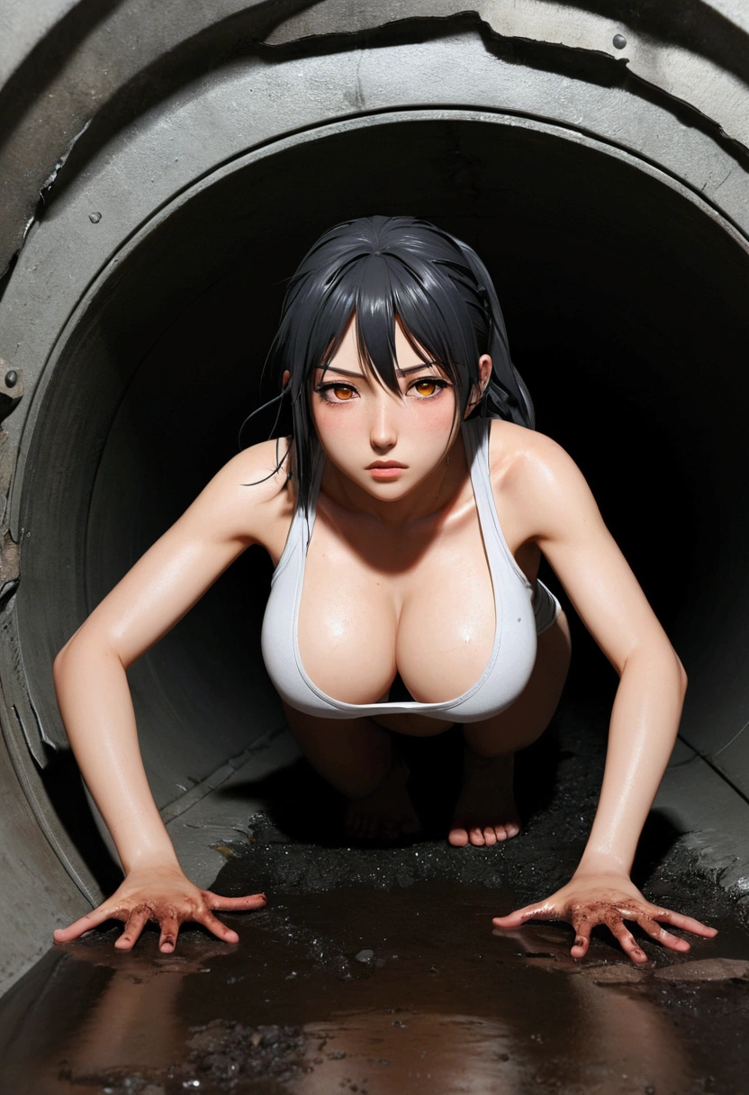 an anime 1girl crawling in a body-fit pipeline tunnel, dirty and torn clothes, head view, big busty