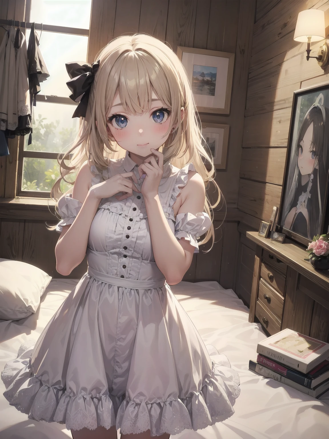 masterpiece, illustration, ultra detailed, kawaii, one girl, solo, sister in super cute pose, bedroom, cowboy shot, SFW, dynamic angle