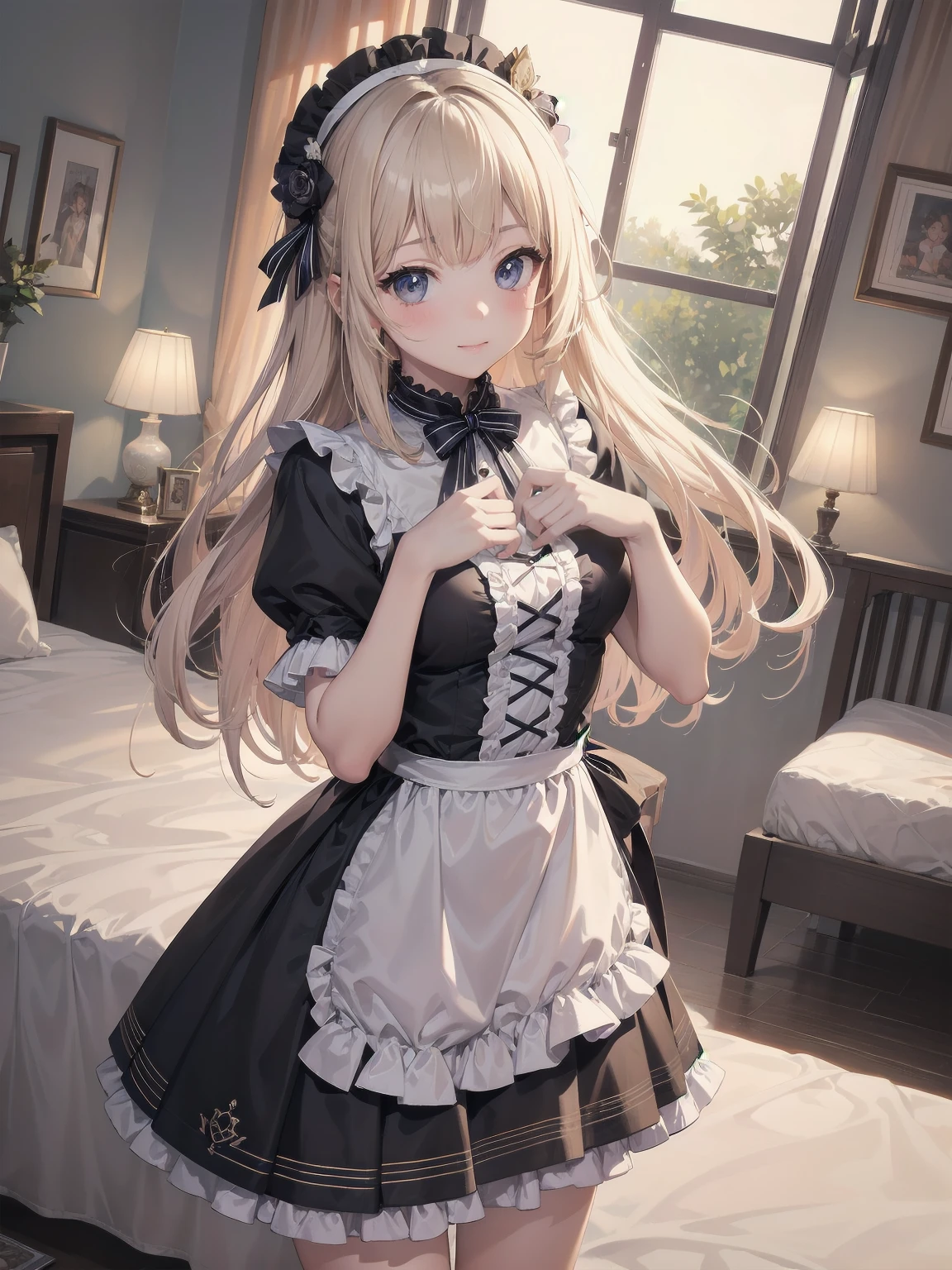 masterpiece, illustration, ultra detailed, kawaii, one girl, solo, sister in super cute pose, bedroom, cowboy shot, SFW, dynamic angle