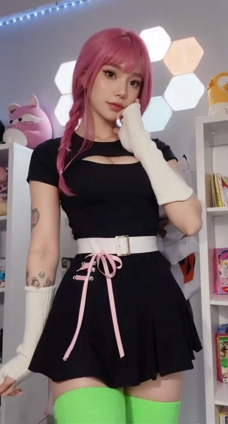 Leave it as it is, enhance it, pretty face, cute face, pink hair, nice body, cute outfit