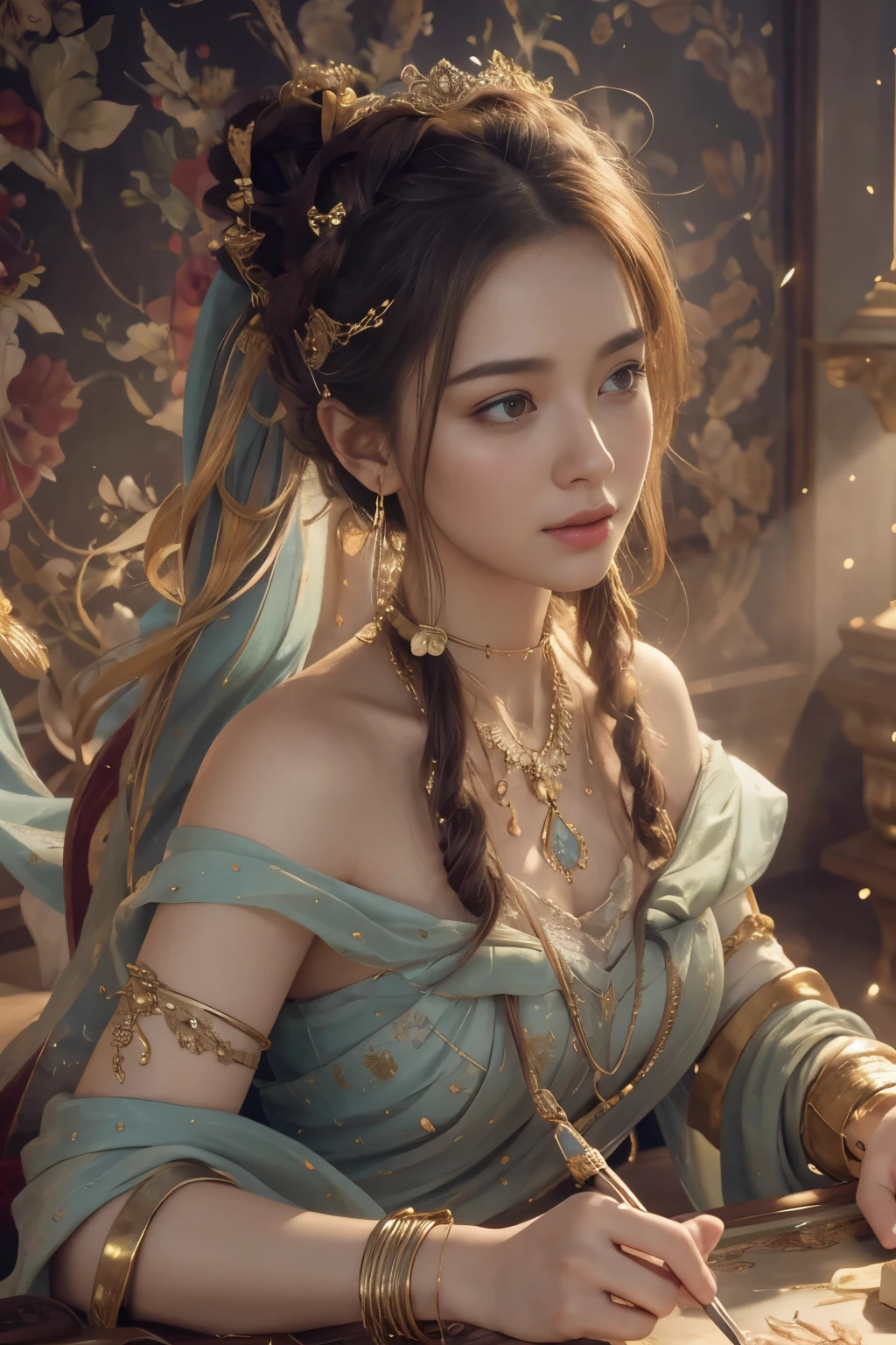 (RAW photos, best quality), (realistic, photo-realistic:1.3),best quality,very detailed,masterpiece,very detailed,illustration,1 woman,High_body,dynamic angle,world masterpiece theater,crummy_long_hair,best quality,very detailed CG Unity 8k 벽지,ink,amazing,movie lights,lens_flare,,Dunhuang_style