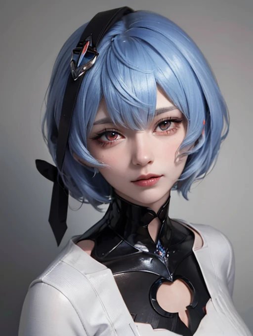 Masterpiece, Best Quality, 8K, Detailed Skin Texture, Detailed Cloth Texture, Beautiful Detail Face, Intricate Detail, Ultra Detailed, Portrait of Rei Ayanami, Blue Hair, Red Eyes, Head Tilt, No Background