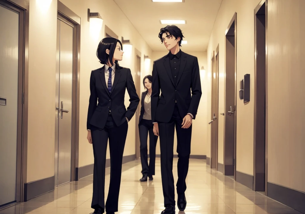 One woman,About 25 years old,Pants style suit,Hair is black at shoulder length,
The other one is a boy,About 18 years old,,The two people above are talking in a high school hallway.,Just the two of us