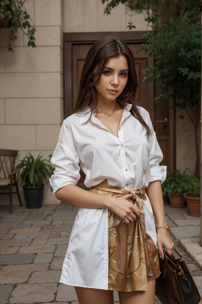 painting of a woman with bags in a white shirt holding a lipsteak, inspired by Michael Garmash, michael garmash and rob rey, michael garmash and, by Michael Garmash, alexi zaitsev, garmash, dmitry spiros, inspired by Ilya Yefimovich Repin, inspired by Konstantin Makovsky, bernie fuchs