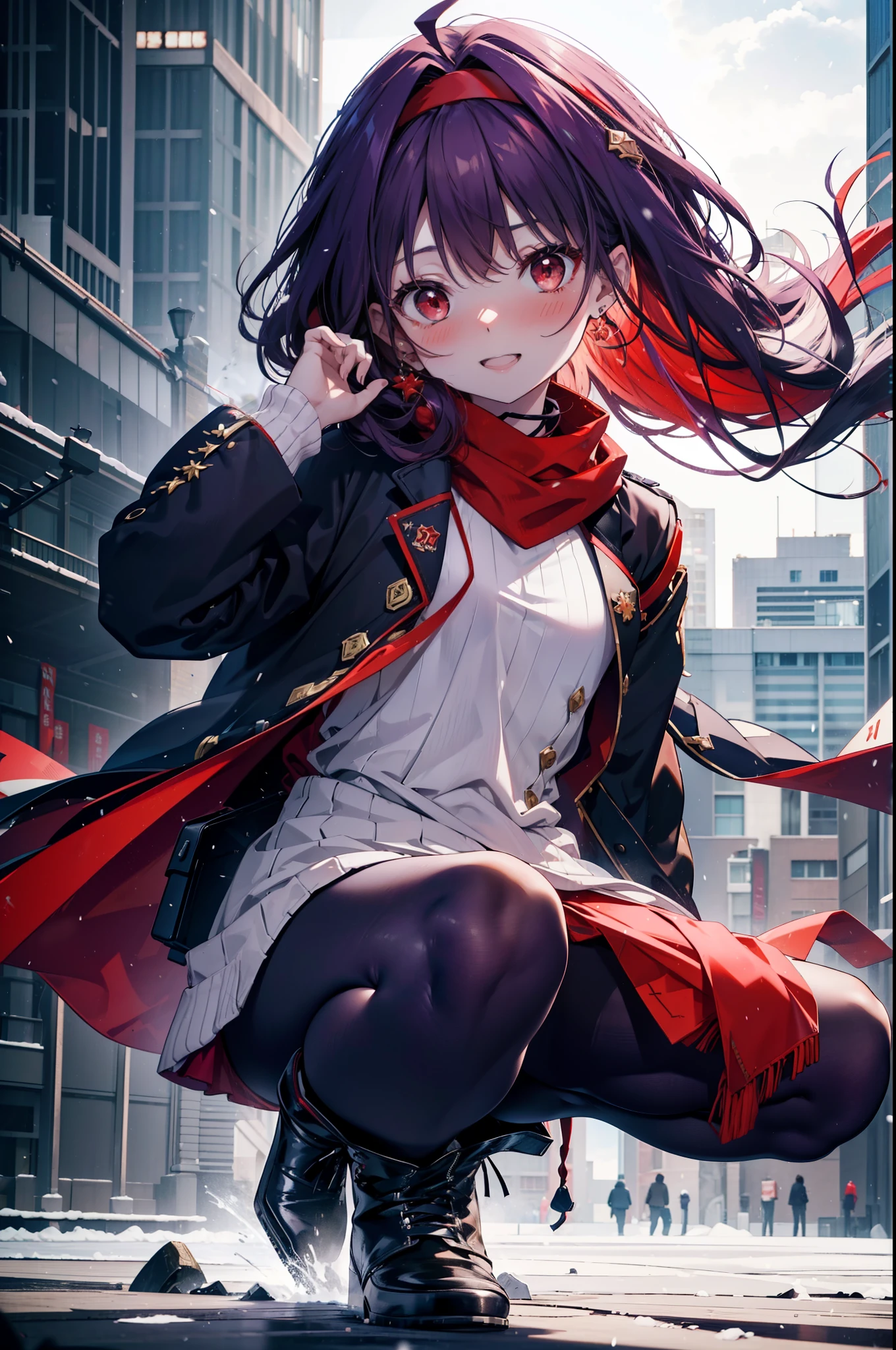 yuukikonno, Yuki Konno, hair band, Long Hair, Pointed Ears, Purple Hair,Ahoge, (Red eyes:1.5), (Small breasts:1.2),blush, smile,Open your mouth,white breath,Tokkuri Sweater,Red Scarf,Purple long coat,Long skirt,Black Pantyhose,short boots,Snow is piling up,it's snowing,whole bodyがイラスト入るように,Walking,evening,sunset,
break outdoors, construction area,
break looking at viewer, whole body,
break (masterpiece:1.2), Highest quality, High resolution, unity 8k wallpaper, (shape:0.8), (Beautiful attention to detail:1.6), Highly detailed face, Perfect lighting, Extremely detailed CG, (Perfect hands, Perfect Anatomy),