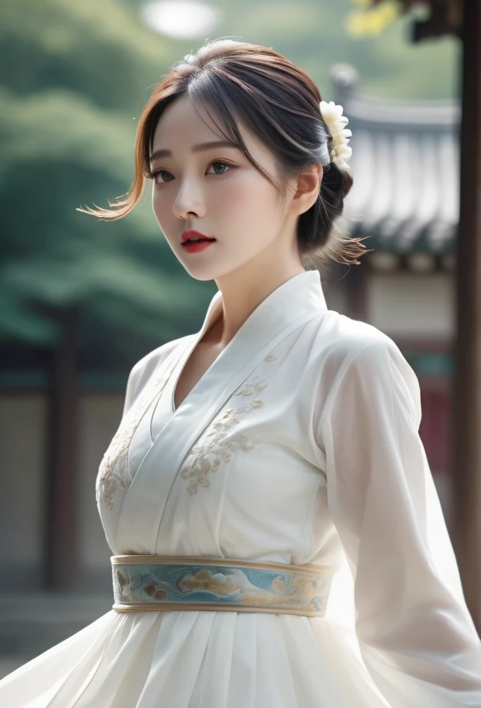 beautiful woman, (motion blur:1.3), abnormally stunning beautiful face, woman in intricate pure white hanbok dress,  Flying on the sky like a Chinese movie, in ancient china, professional fashion photography,UHD, 4k