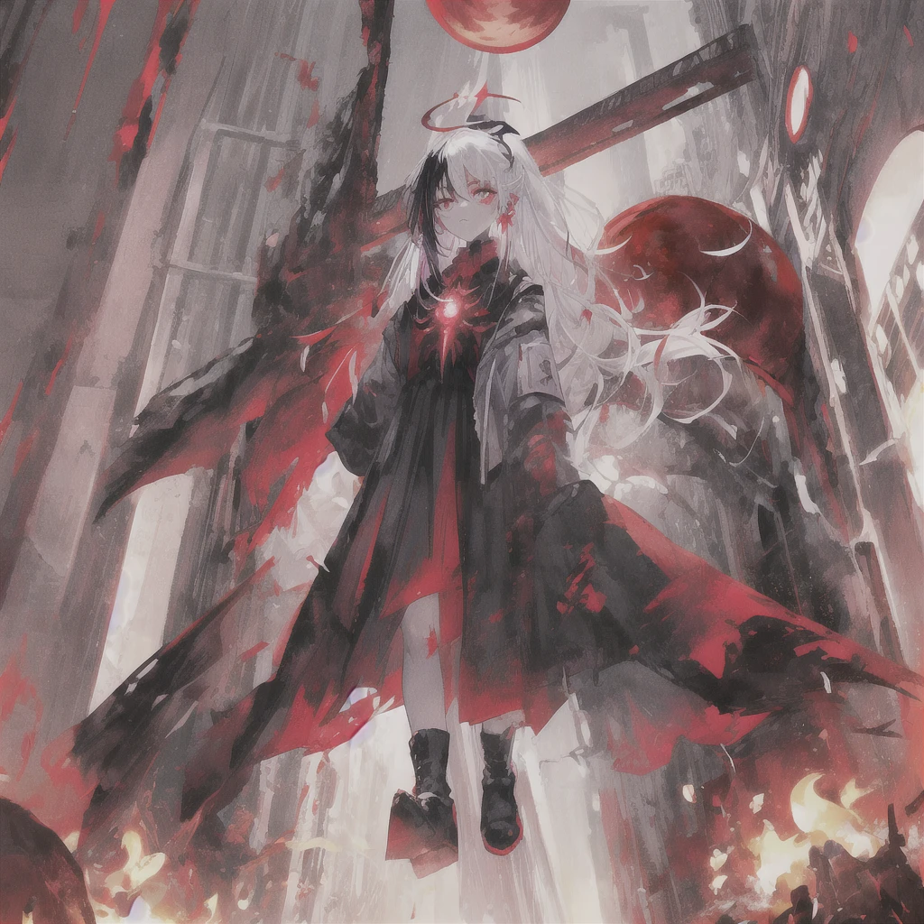 Masterpiece, top quality, bright colors, one girl, white hair, black hair, magenta hair, red eyes, glowing eyes, dark atmosphere, black wings, black halo, fallen angel, from below, descending from heaven, gothic clothes, looking down , Blood, ((Blood Moon, Red Moon))), Purple Aura, Divine Advent, Fire, Cinematic Lighting, Glowing Aura Lighting, Full Body, Spectacular Background, starrystarscloudcolorful