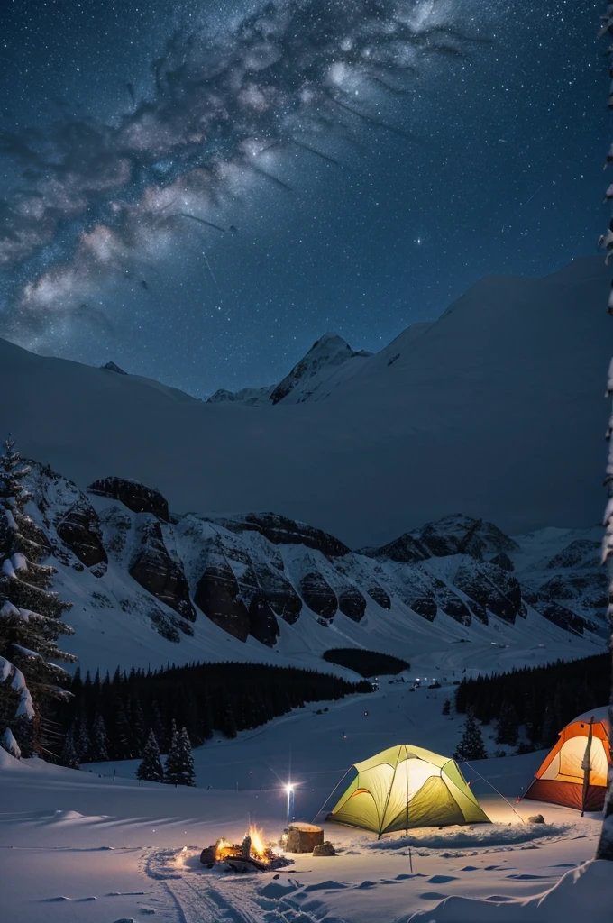 Create a star moonnight landscape snowy mountains and trees.5 friends sitting and enjoying near the mountains around a campfire and they have two tent that have many lights decorated there.a lake near their tent place.